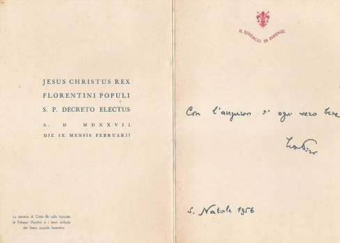 Natale 1956, Biglietto di auguri del sindaco la Pira con l'effigie della repubblica "savonaroliana" del 1527-30