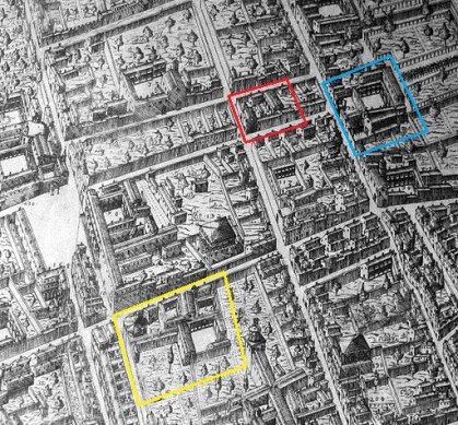 Pianta di Stefano Bonsignori, 1584-1594 GIALLO: Monastero di Santa Maria degli Angeli; ROSSO: Convento di Santa Maria degli Angiolini; AZZURRO: Convento di Santa Maria degli Angeli o di Santa Maria Maddalena de Pazzi