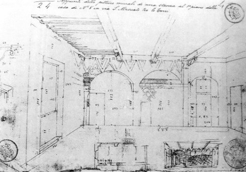 Corinto Corinti, Disegno di una veduta prospettica di un ambiente del primo piano della casa in Via San Miniato tra le Torri