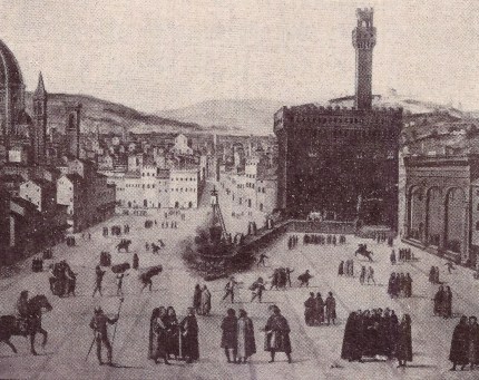 Il rogo di Savonarola nella piazza del mercato di Firenze nel 1498 (in realtà Piazza della Signoria, ndr). "Cristo è Re".