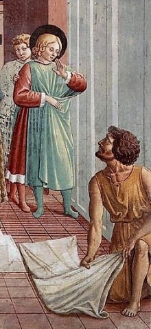 Benozzo Gozzoli: Scena I (dettaglio), Un uomo distende il suo mantello sotto i piedi di Francesco