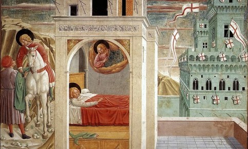 Benozzo Gozzoli: Scena II, Francesco dona il mantello ad un povero; Il sogno di Francesco